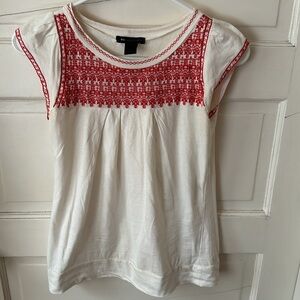 Vintage MNG Mango White Cotton High Neck Blouse Intricate Red Embroidery